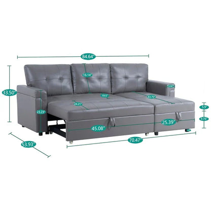 Divano componibile convertibile reversibile con letto estraibile, chaise longue con contenitore nascosto e gambe durevoli