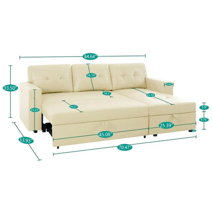 Divano componibile convertibile reversibile con letto estraibile, chaise longue con contenitore nascosto e gambe durevoli
