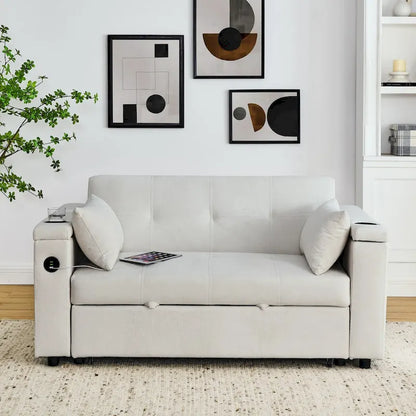 Divano Letto Estraibile 54", Divano Reclinabile 2 Posti con Contenitore, Cuscino Lombare, Presa USB
