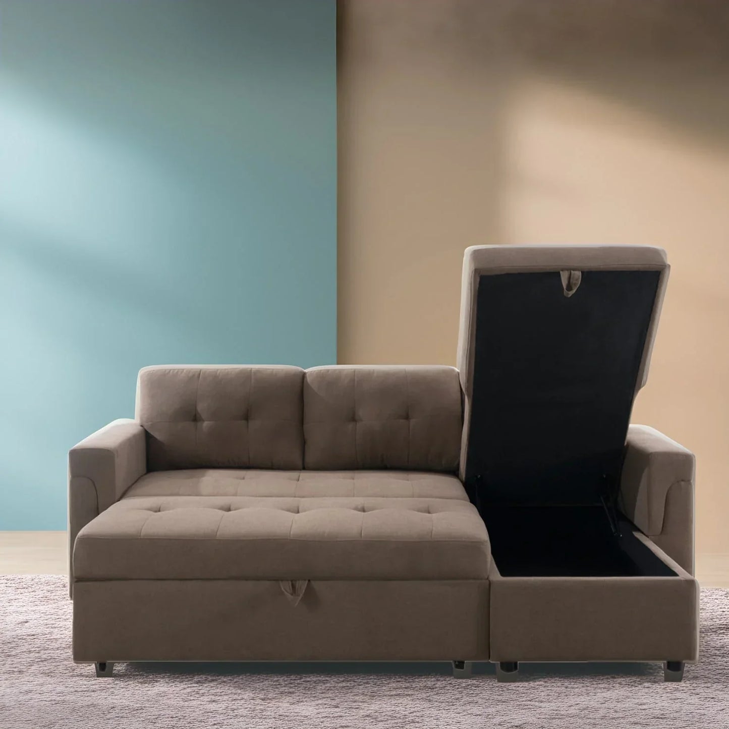 Divano componibile convertibile reversibile con letto estraibile, chaise longue con contenitore nascosto e gambe durevoli
