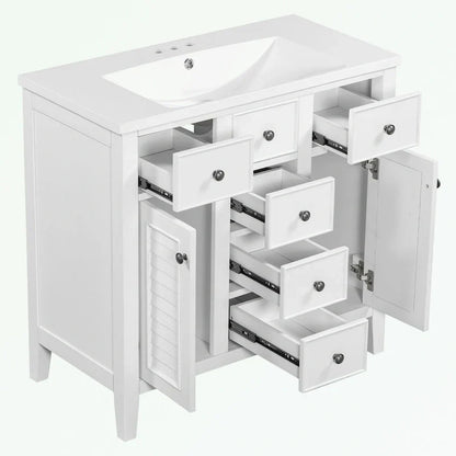 Mobile bagno con lavabo in ceramica, due ante e cinque cassetti