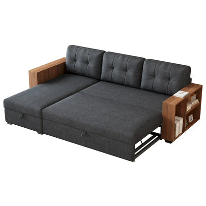 Divano Sezionale Convertibile con Letto Estraibile e Chaise Longue Contenitore Nascosto