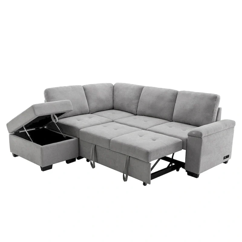 Canapé d'angle convertible 5 places en L 84,75 po avec pouf de rangement, rangement de bras dissimulé et chargement USB pour salon