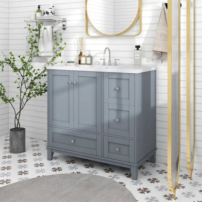 Mobile bagno da 36 pollici con ricarica USB, lavabo in resina, telaio in legno massello, 3 cassetti contenitori
