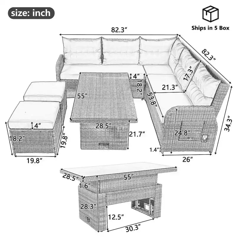 Set da esterni in rattan con tavolo regolabile, poltrone reclinabili e 2 pouf