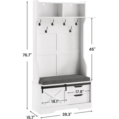 Meuble d'entrée avec banc, rangement à chaussures et patères porte-manteaux, style porte de grange