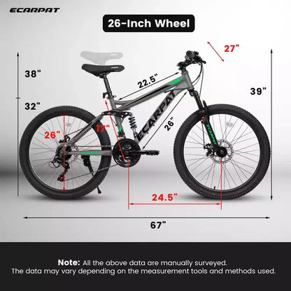 Mountain bike Okak 26" con freni a disco, bici per adulti a 21 velocità con telaio durevole e doppia sospensione posteriore, bicicletta per ciclismo urbano