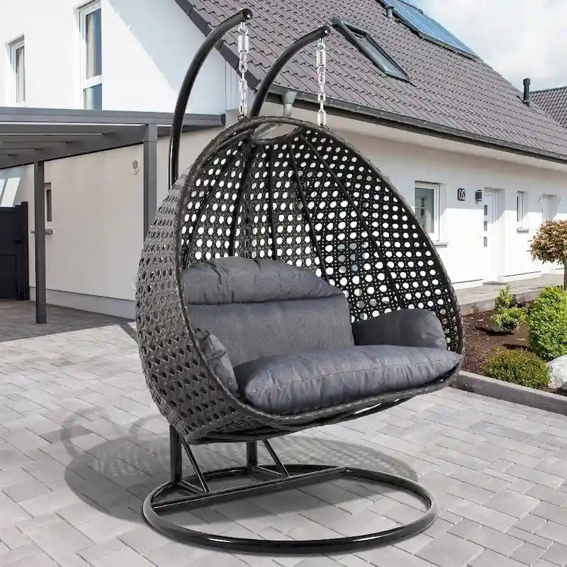Sedia sospesa a dondolo a forma di uovo con supporto in metallo, telaio in vimini e cuscino – Beige / Blu antracite / Bianco / Blu / Bianco antico / Marrone / Tela, 2 posti