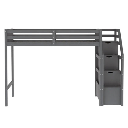 Letto a soppalco in legno per due persone con scale, sponde alte e scaletta