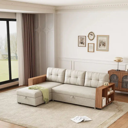 Divano Sezionale Convertibile con Letto Estraibile e Chaise Longue Contenitore Nascosto