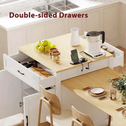 Îlot de cuisine en bois de 210 cm pour 4 à 6 personnes avec table à manger extensible et rangement double.