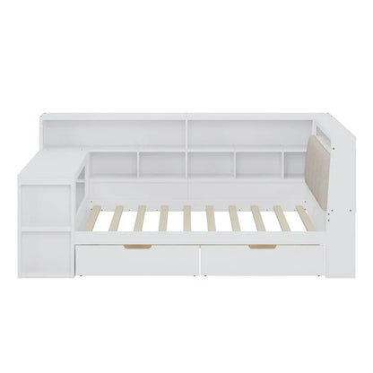 Divano Letto a "L" in Legno con Scrivania, Mobile Libreria, Letto Angolare con Cassetti Sottostanti, Testiera Imbottita con Luce Integrata