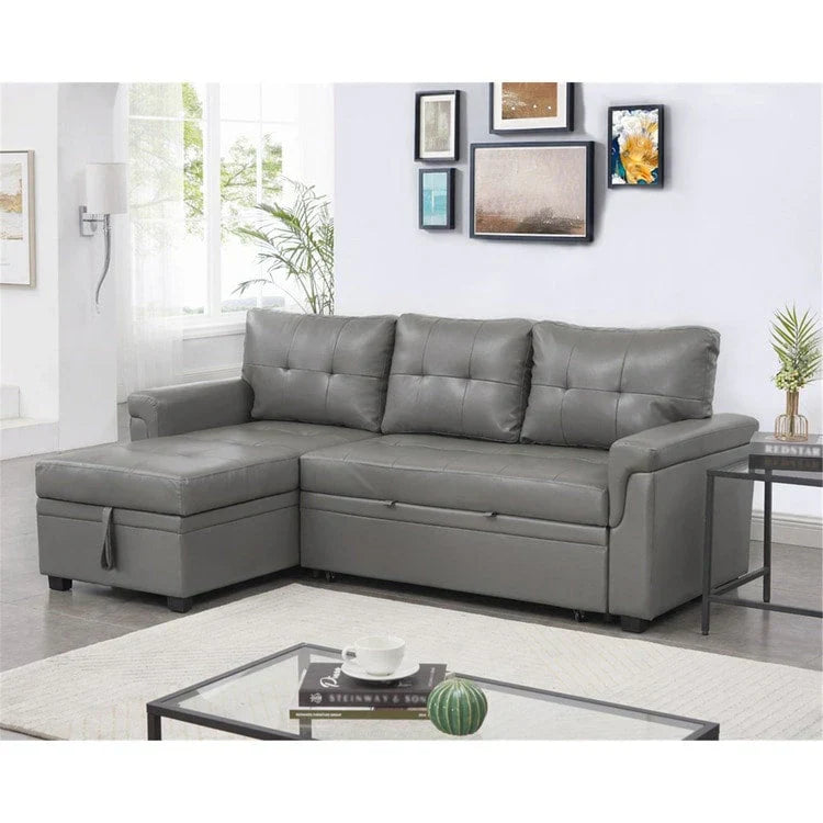 Divano componibile convertibile reversibile con letto estraibile, chaise longue con contenitore nascosto e gambe durevoli