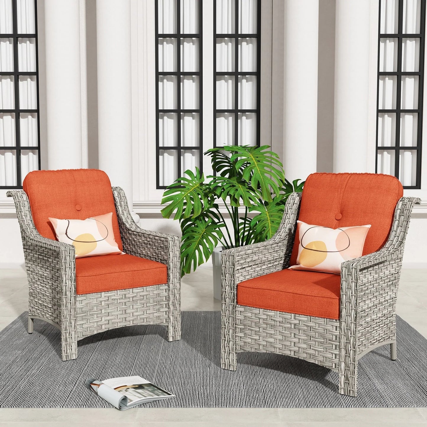 HOOOWOOO, Set di 2 Sedie da Esterno in Rattan Intrecciato con Schienale Alto