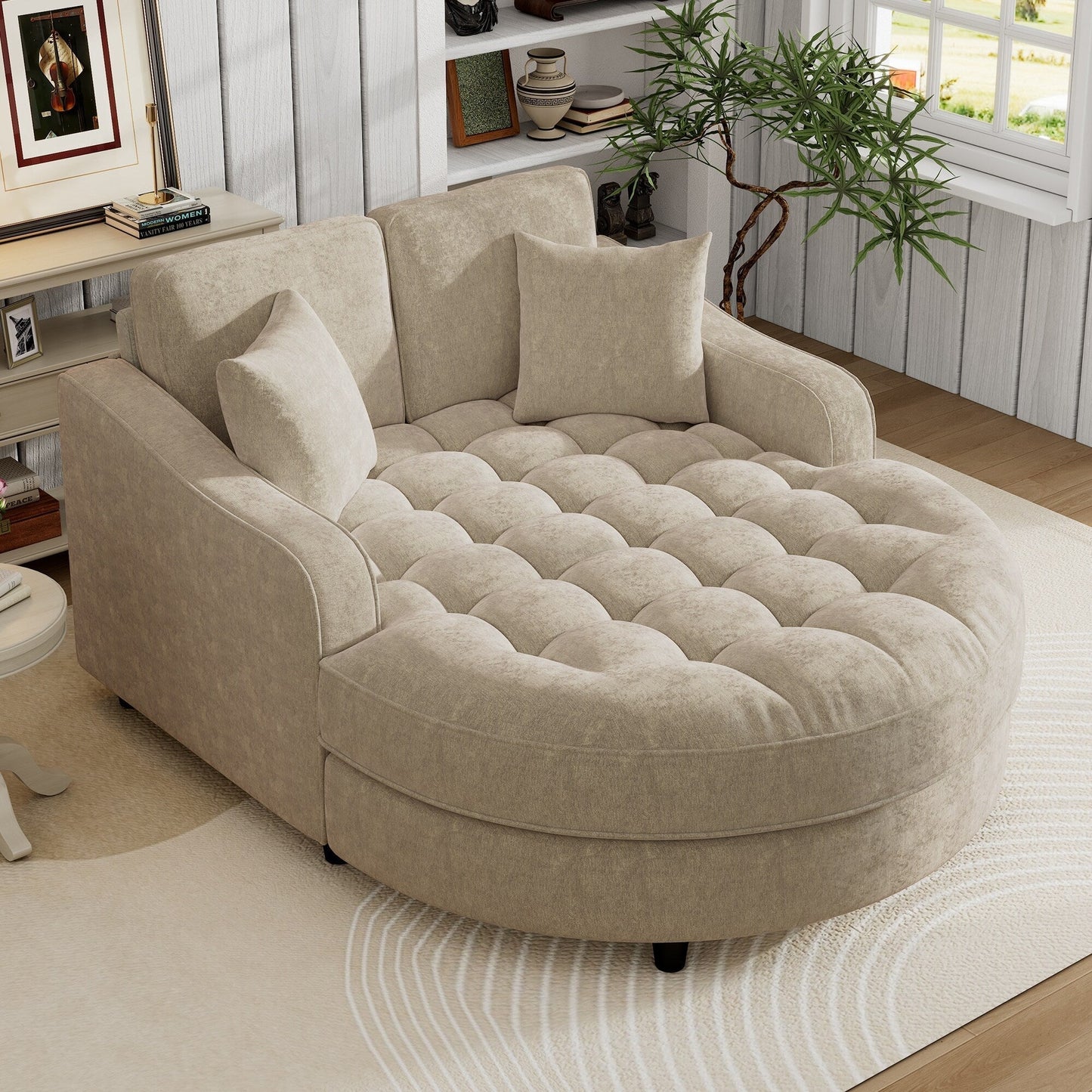 Divano Letto Chaise Longue in ciniglia, Divano Imbottito con Schienale Trapuntato e 2 Cuscini Rimovibili per Soggiorno