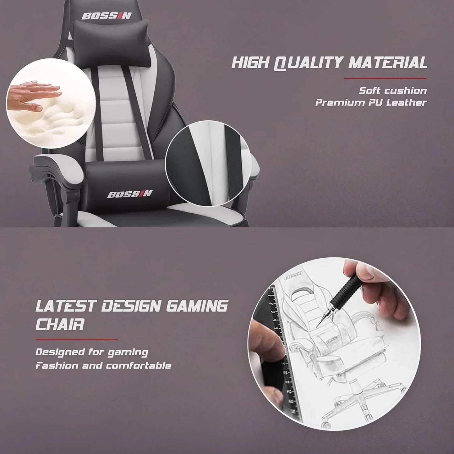 Sedia da gaming BOSSIN Racing Style, sedia da gamer per persone robuste fino a 136 kg, sedia da computer con schienale alto
