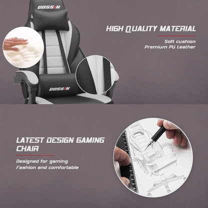 Sedia da gaming BOSSIN Racing Style, sedia da gamer per persone robuste fino a 136 kg, sedia da computer con schienale alto