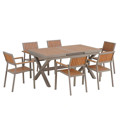 Set da pranzo da esterno allungabile a 7 pezzi con tavolo allungabile e 6 sedie con braccioli