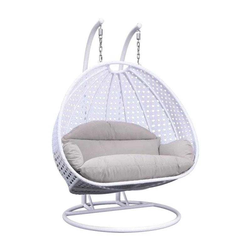 Sedia sospesa a dondolo a forma di uovo con supporto in metallo, telaio in vimini e cuscino – Beige / Blu antracite / Bianco / Blu / Bianco antico / Marrone / Tela, 2 posti