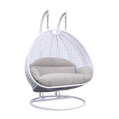 Sedia sospesa a dondolo a forma di uovo con supporto in metallo, telaio in vimini e cuscino – Beige / Blu antracite / Bianco / Blu / Bianco antico / Marrone / Tela, 2 posti