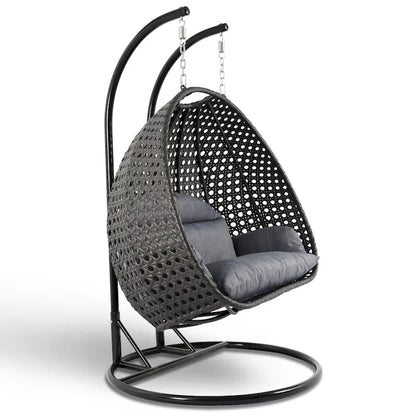 Sedia sospesa a dondolo a forma di uovo con supporto in metallo, telaio in vimini e cuscino – Beige / Blu antracite / Bianco / Blu / Bianco antico / Marrone / Tela, 2 posti