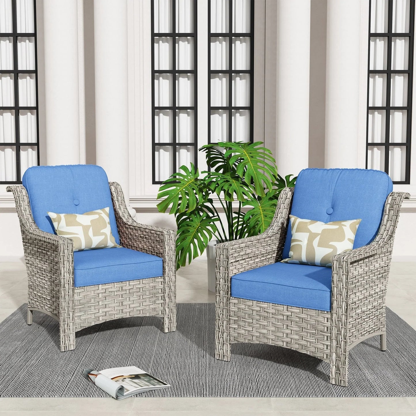 HOOOWOOO, Set di 2 Sedie da Esterno in Rattan Intrecciato con Schienale Alto
