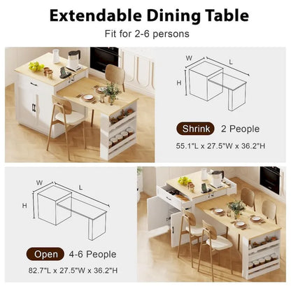 Îlot de cuisine en bois de 210 cm pour 4 à 6 personnes avec table à manger extensible et rangement double.