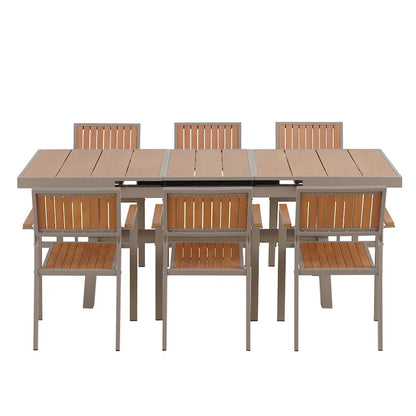 Set da pranzo da esterno allungabile a 7 pezzi con tavolo allungabile e 6 sedie con braccioli
