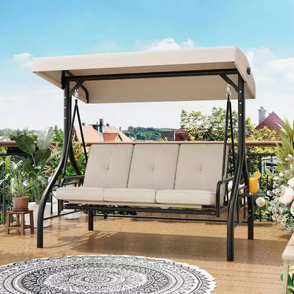 Dondolo da Esterno 2 in 1 Convertibile a 3 Posti con Tettuccio Regolabile, Letto a Dondolo da Patio con Struttura, Cuscini Spessi e Portabicchieri, per Cortile, Giardino, Portico