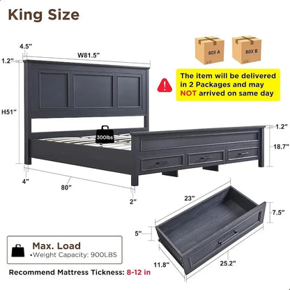 Struttura Letto Matrimoniale King Size in Legno Stile Rustico con Testiera, Base a Piattaforma