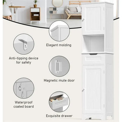 Mobile bagno alto 67 H, Armadietto portabiancheria stretto, Mobiletto contenitore con 2 ante e cassetto