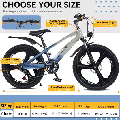 NAYSAYE Bicicletta da montagna per bambini da 20 pollici con trasmissione a 7 velocità e telaio in lega di magnesio per ragazzi e ragazze di età 8-12 anni, 57.09*21.65*29.92