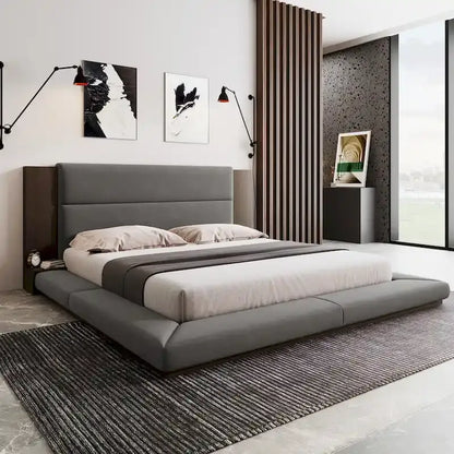 Letto imbottito King Gray Floor a basso profilo con testiera estesa in legno, mensole comodino integrate