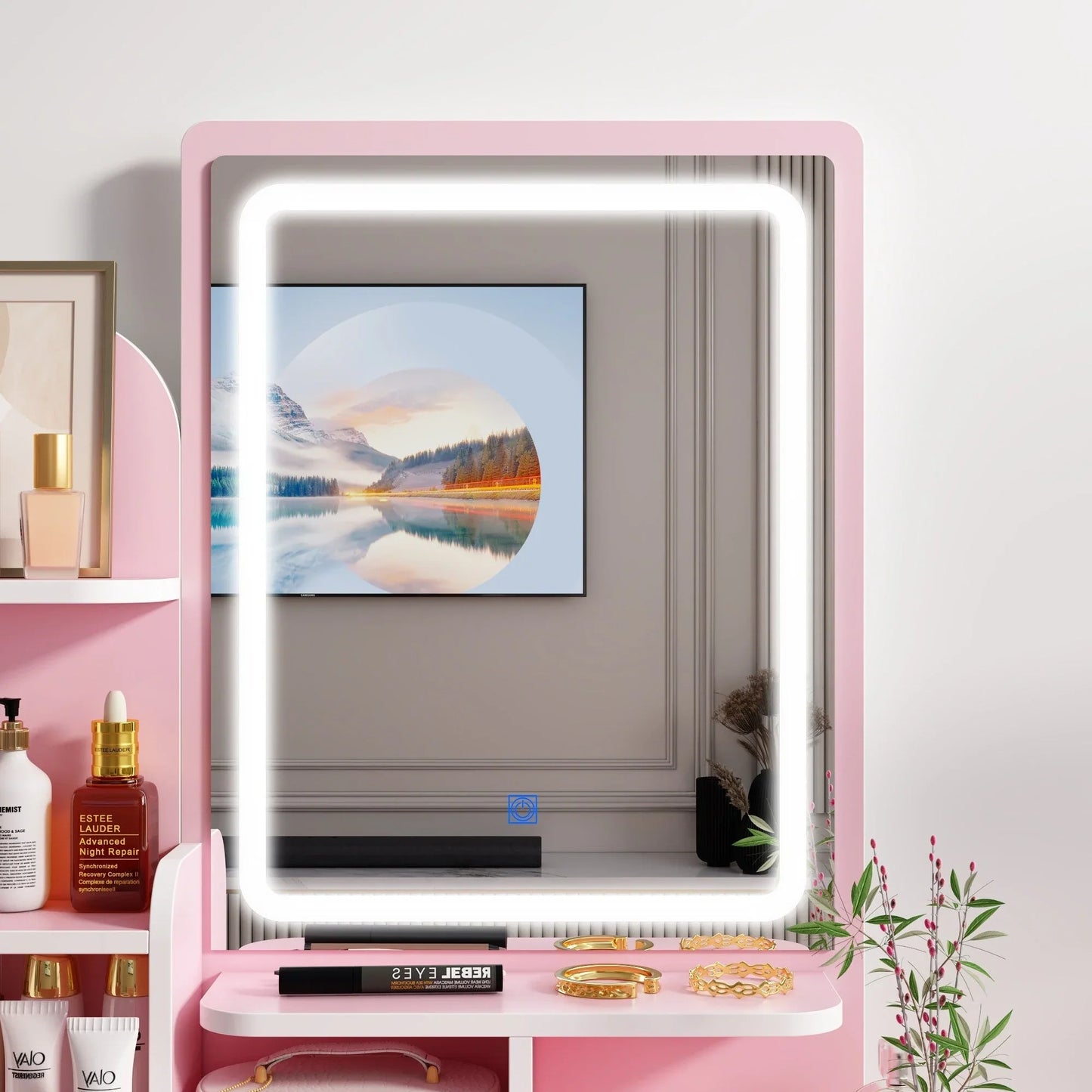 Tavolo da Trucco con Luci a LED, Specchio e Sgabello