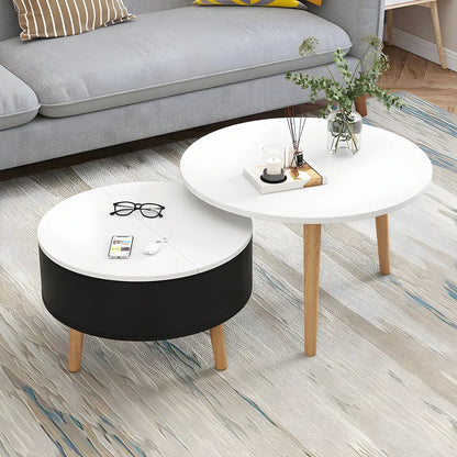 Tavolino da caffè rotondo moderno in legno bianco e nero con contenitore