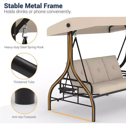 Dondolo da Esterno 2 in 1 Convertibile a 3 Posti con Tettuccio Regolabile, Letto a Dondolo da Patio con Struttura, Cuscini Spessi e Portabicchieri, per Cortile, Giardino, Portico