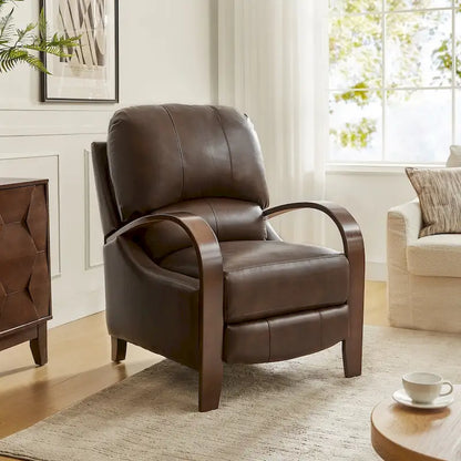 Fauteuil inclinable manuel Alex Mid-century Modern Cigar en cuir véritable avec accoudoirs incurvés en bois
