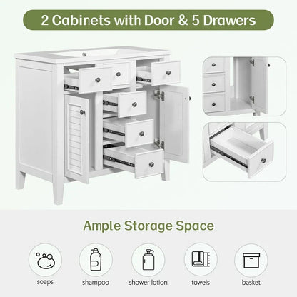 Mobile bagno con lavabo in ceramica, due ante e cinque cassetti