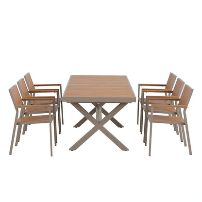 Set da pranzo da esterno allungabile a 7 pezzi con tavolo allungabile e 6 sedie con braccioli