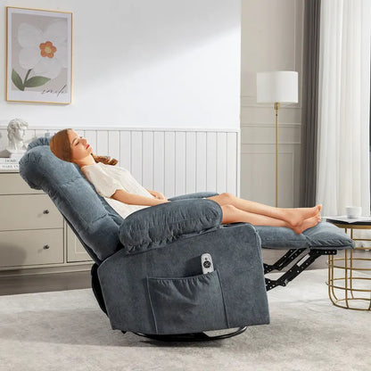 Poltrona reclinabile oversize grigia con calore e massaggio, reclinazione a 150°, oscillazione a 30°, ricarica USB e 2 portabicchieri