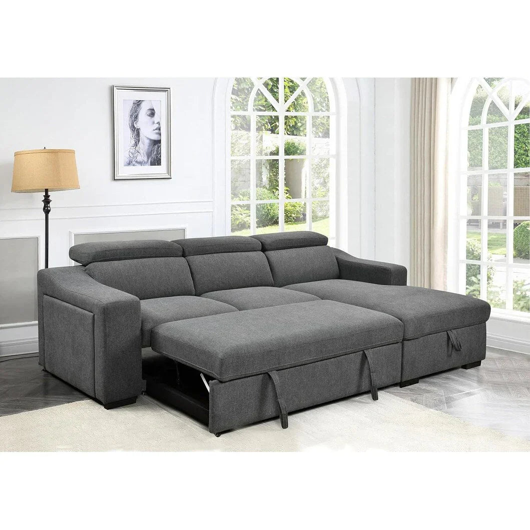 Divano sezionale convertibile Roomfitters 103 con chaise longue contenitore, poggiatesta regolabili, divano angolare letto a L, grigio scuro