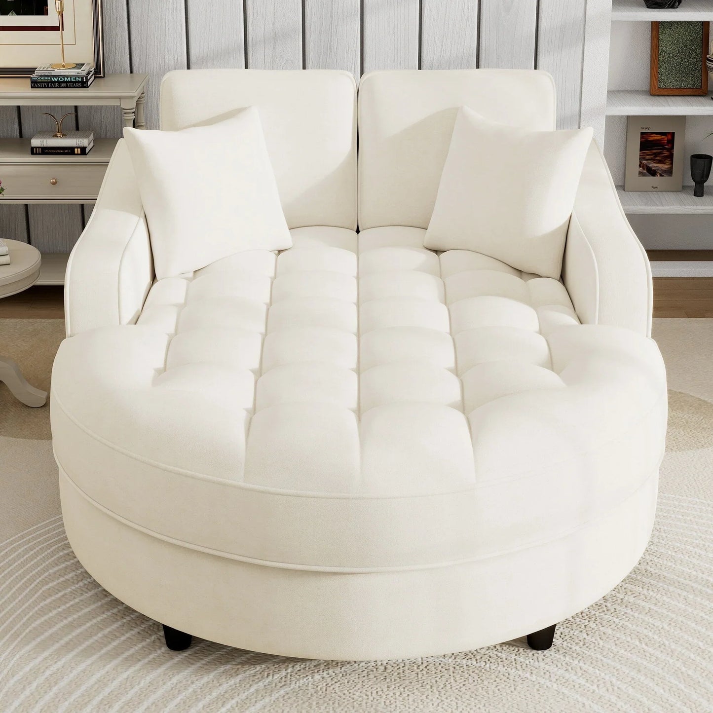 Divano Letto Chaise Longue in ciniglia, Divano Imbottito con Schienale Trapuntato e 2 Cuscini Rimovibili per Soggiorno