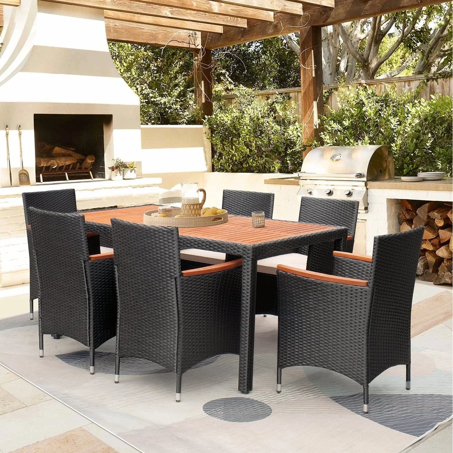 Set da pranzo per esterni Lacoo in polyrattan e legno di acacia