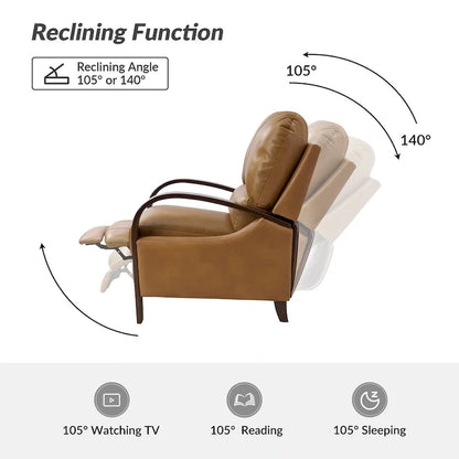 Fauteuil inclinable manuel Alex Mid-century Modern Cigar en cuir véritable avec accoudoirs incurvés en bois