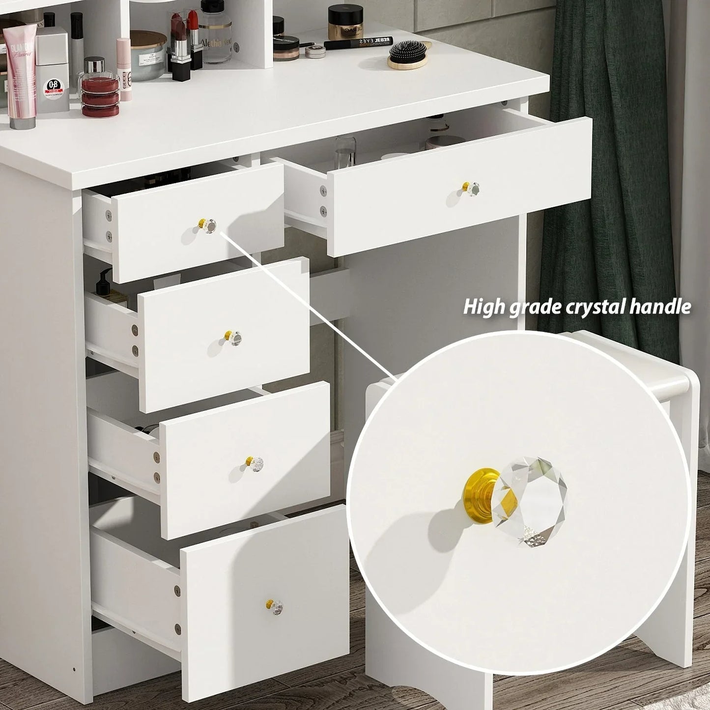 Tavolo da Trucco con Luci a LED, Specchio e Sgabello