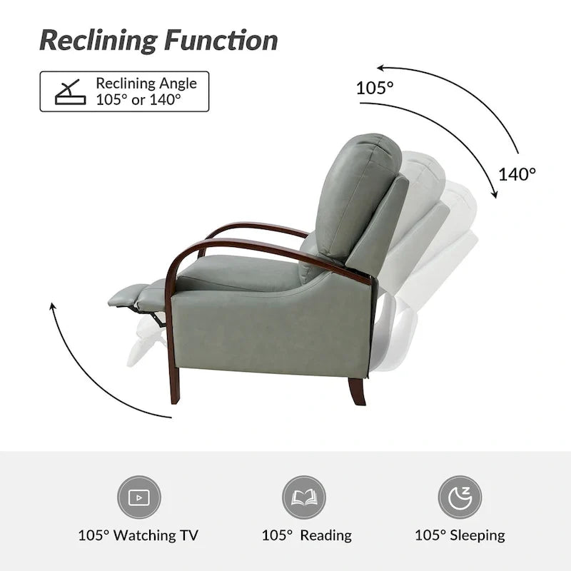 Fauteuil inclinable manuel Alex Mid-century Modern Cigar en cuir véritable avec accoudoirs incurvés en bois