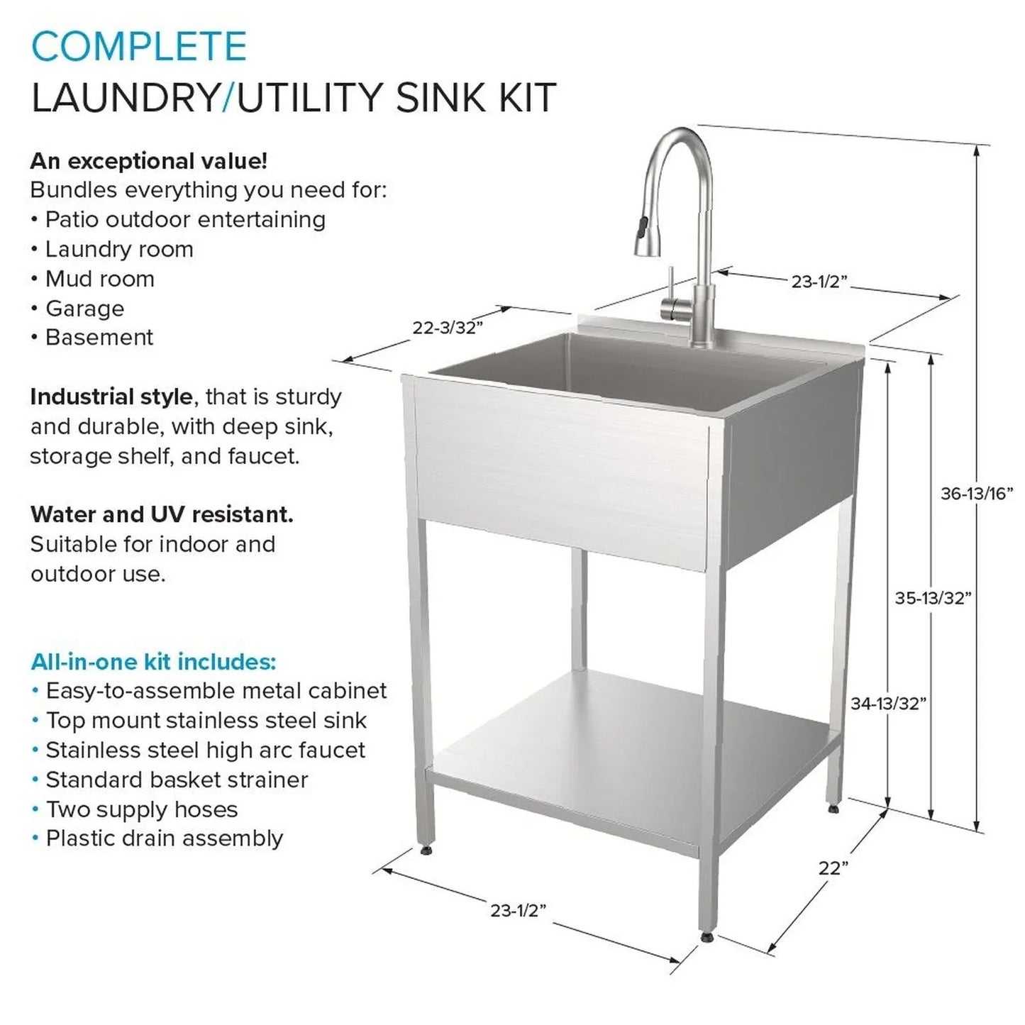 Lavello per bucato e supporto Transolid EWS-2422S in acciaio inossidabile, 24" L x 22" P x 35" A - 24" x 22"