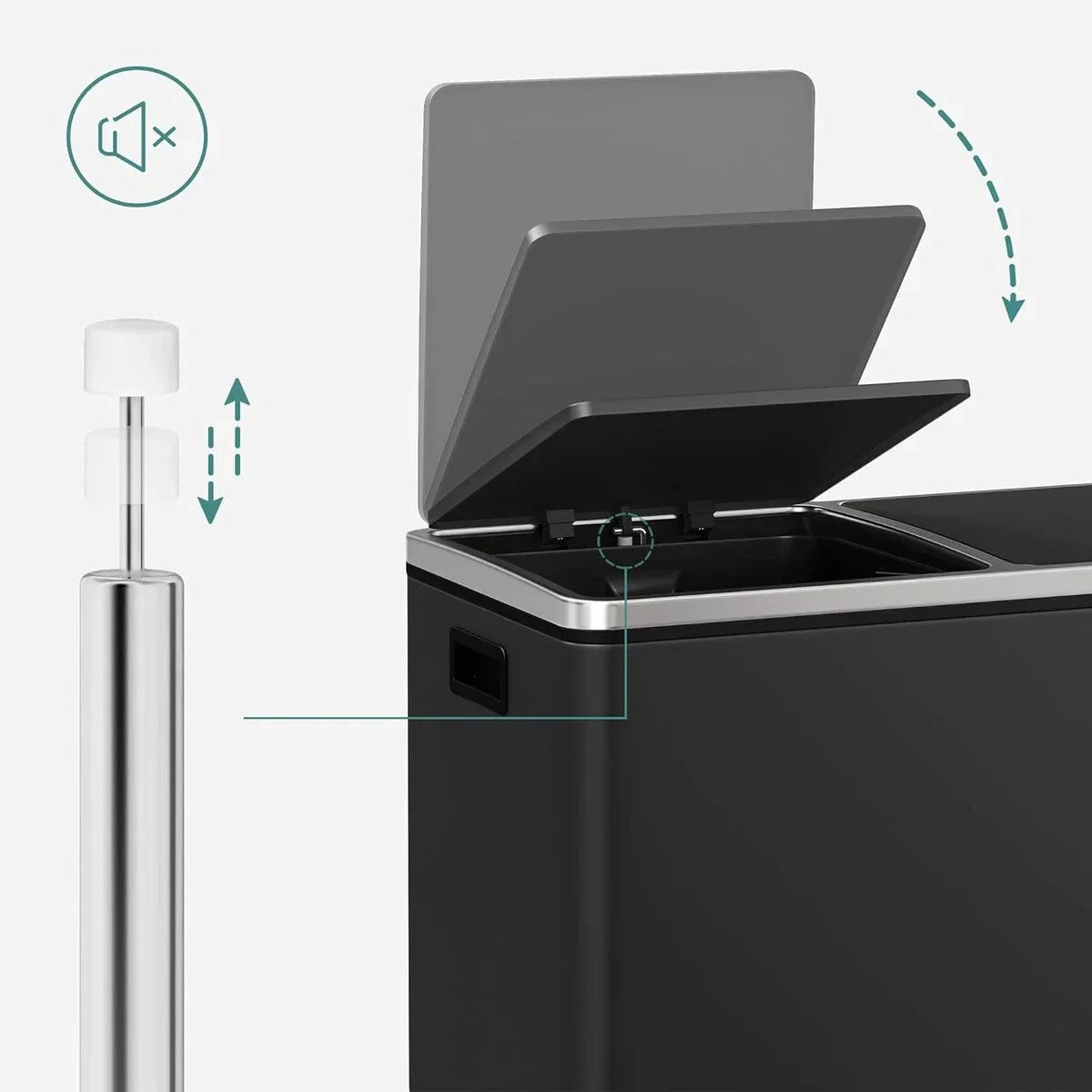 SONGMICS Pattumiera Doppia, 60L (2 x 30L) Cestino per la Raccolta Differenziata in Acciaio Inossidabile, Nero
