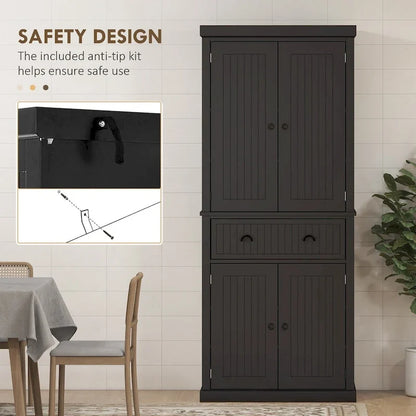Meuble de rangement de cuisine autoportant traditionnel de 72 pouces avec 4 portes et 3 étagères réglables, grand tiroir central