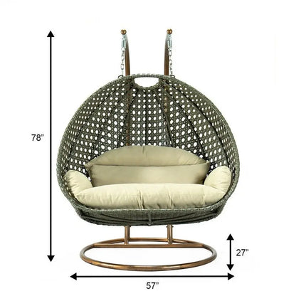 Sedia sospesa a dondolo a forma di uovo con supporto in metallo, telaio in vimini e cuscino – Beige / Blu antracite / Bianco / Blu / Bianco antico / Marrone / Tela, 2 posti